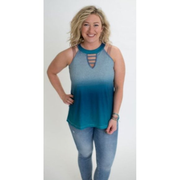 Shirley & Stone Ombre' Keyhole Tank Top, Blue - Picture 3 of 4